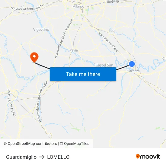 Guardamiglio to Lomello map