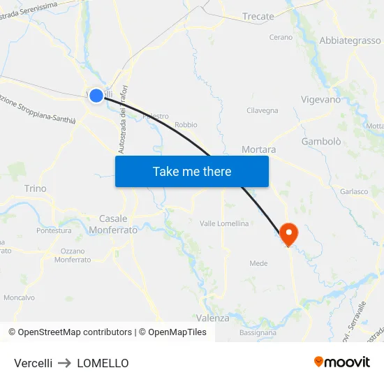 Vercelli to Lomello map