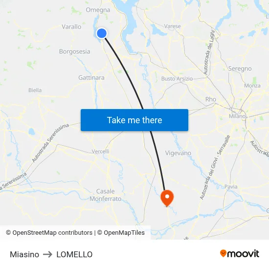 Miasino to Lomello map
