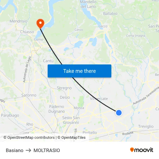 Basiano to Moltrasio map