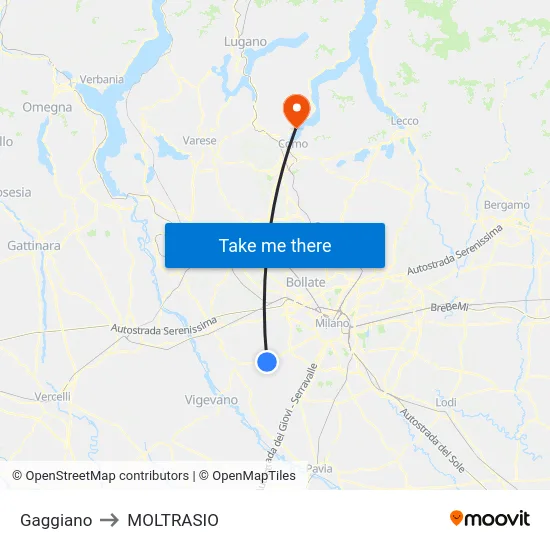 Gaggiano to Moltrasio map