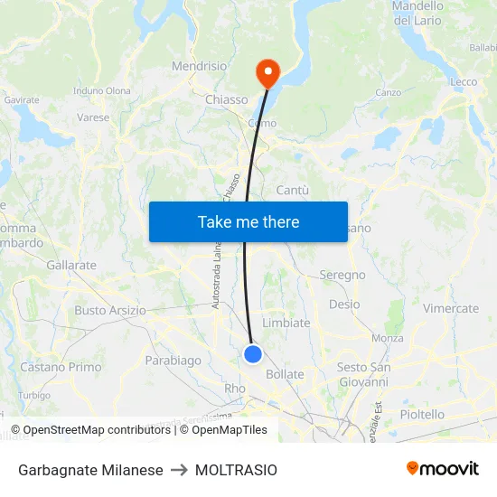 Garbagnate Milanese to Moltrasio map