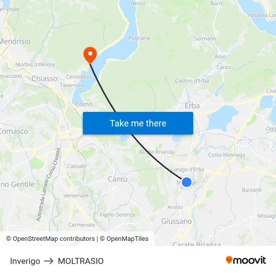 Inverigo to Moltrasio map