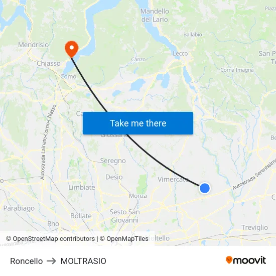 Roncello to Moltrasio map