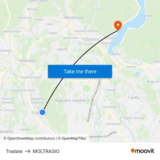 Tradate to Moltrasio map
