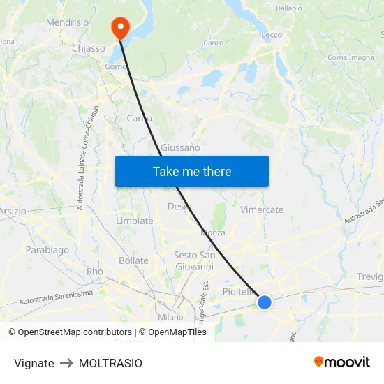 Vignate to Moltrasio map