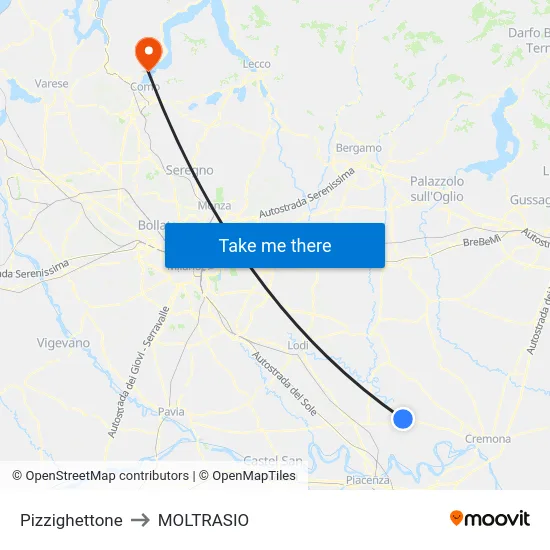 Pizzighettone to Moltrasio map