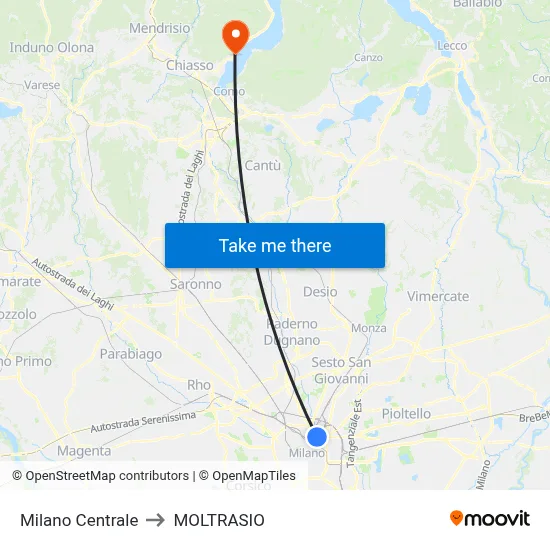 Milan Central to Moltrasio map