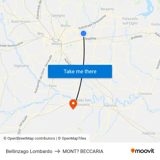 Bellinzago Lombardo to Mont'Beccaria map