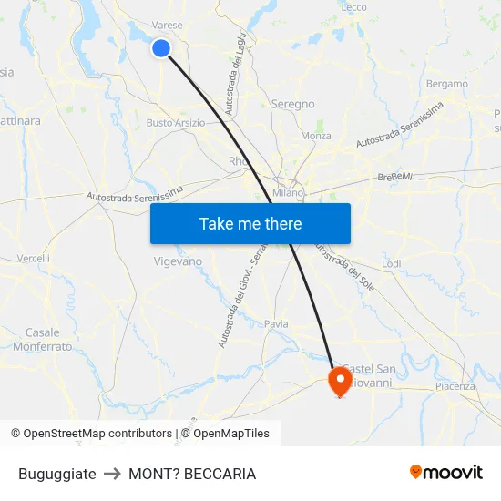 Buguggiate to Mont'Beccaria map