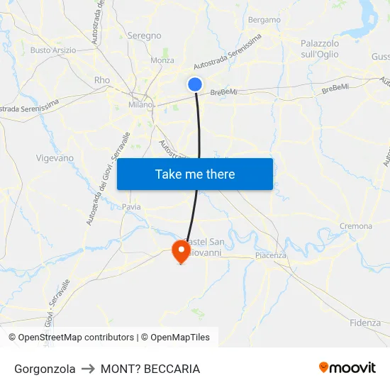 Gorgonzola to Mont'Beccaria map