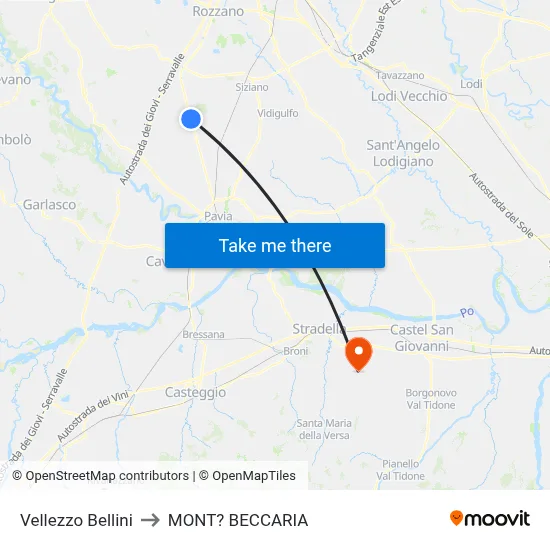 Vellezzo Bellini to Mont'Beccaria map