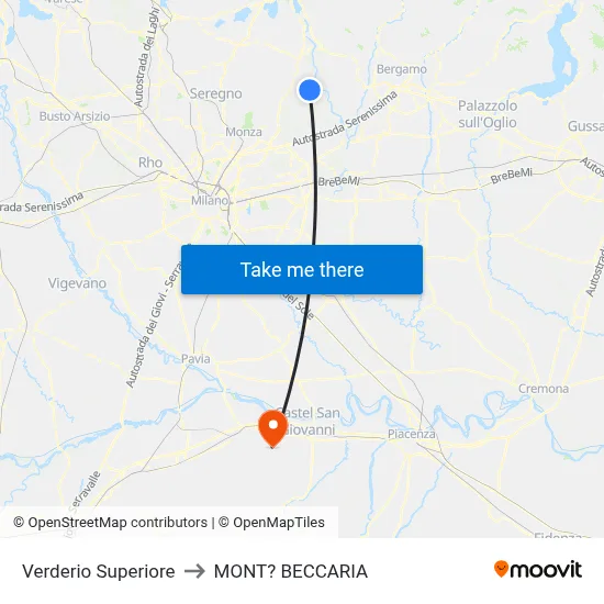 Verderio Superiore to Mont'Beccaria map