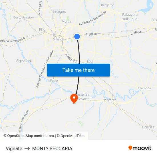Vignate to Mont'Beccaria map