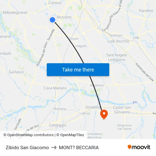 Zibido San Giacomo to Mont'Beccaria map