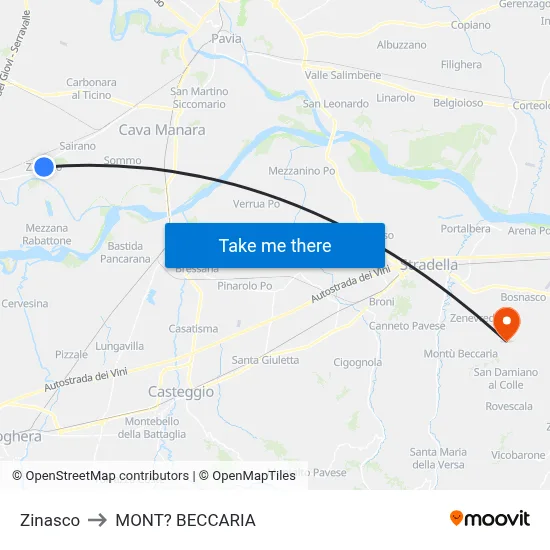 Zinasco to Mont'Beccaria map