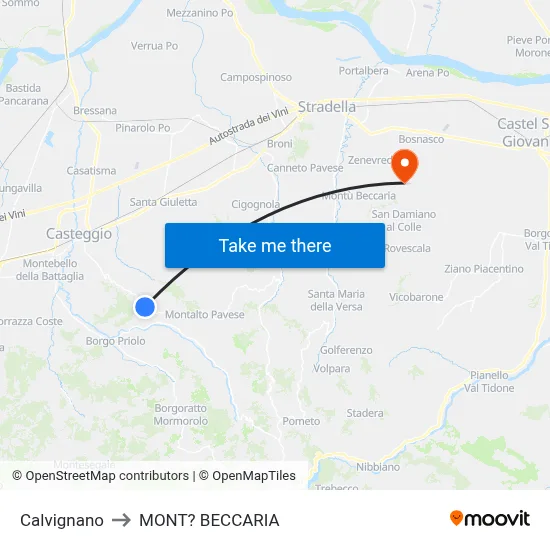 Calvignano to Mont'Beccaria map