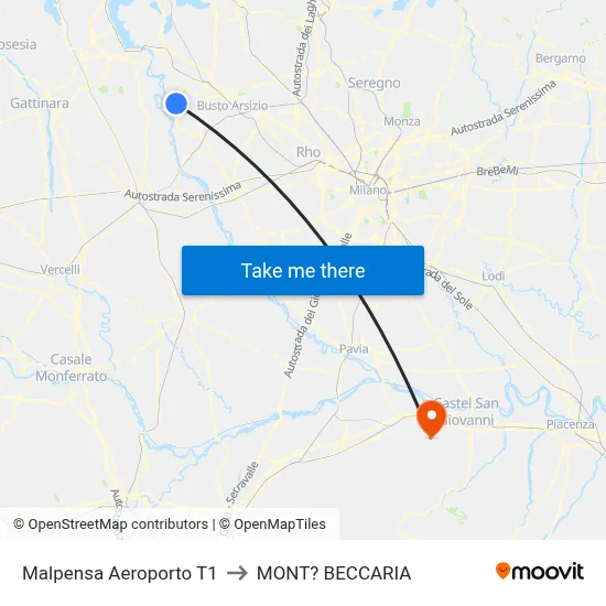 Malpensa Airport T1 to Mont'Beccaria map