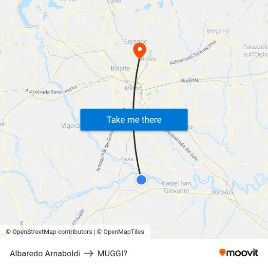 Albaredo Arnaboldi to Muggiò map