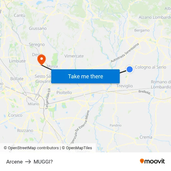 Arcene to Muggiò map