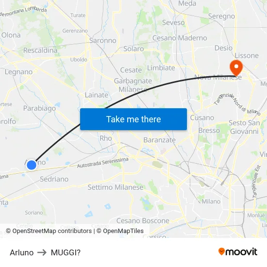 Arluno to Muggiò map