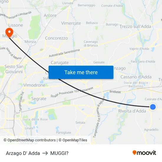Arzago d'Adda to Muggiò map