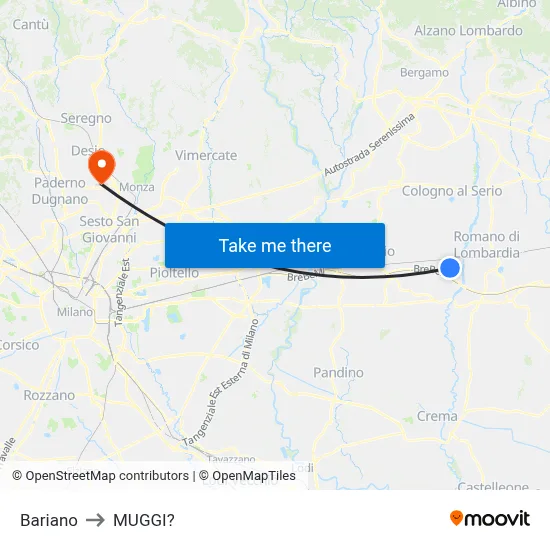 Bariano to Muggiò map