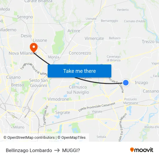 Bellinzago Lombardo to Muggiò map