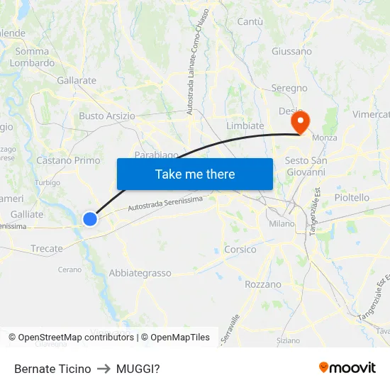 Bernate Ticino to Muggiò map
