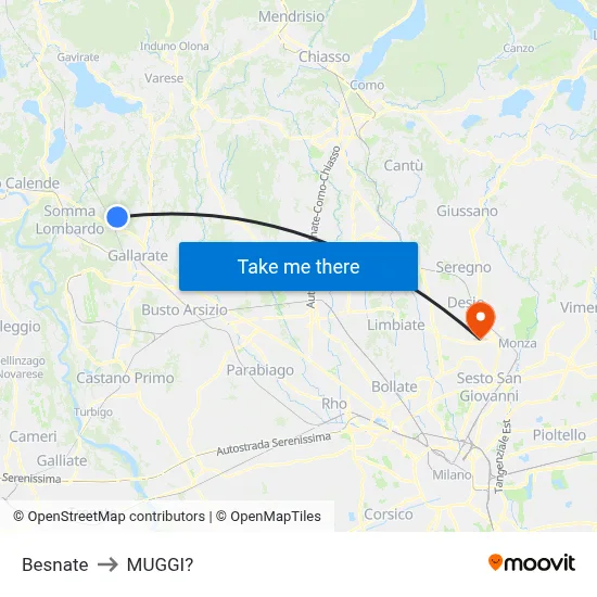 Besnate to Muggiò map