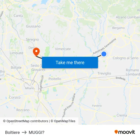 Boltiere to Muggiò map