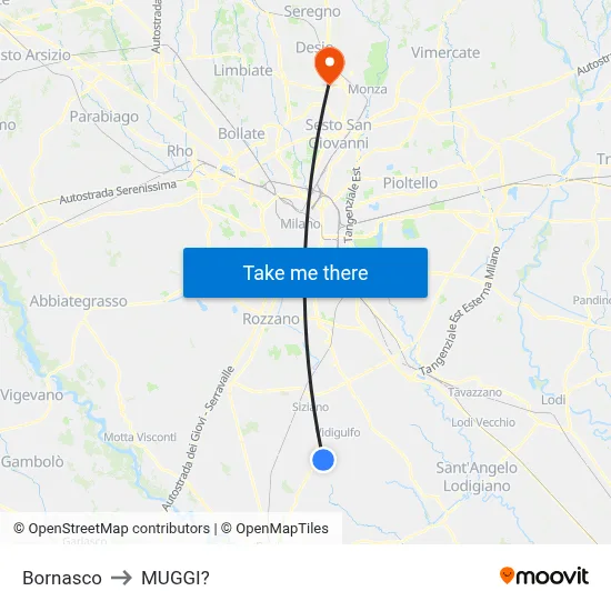 Bornasco to Muggiò map