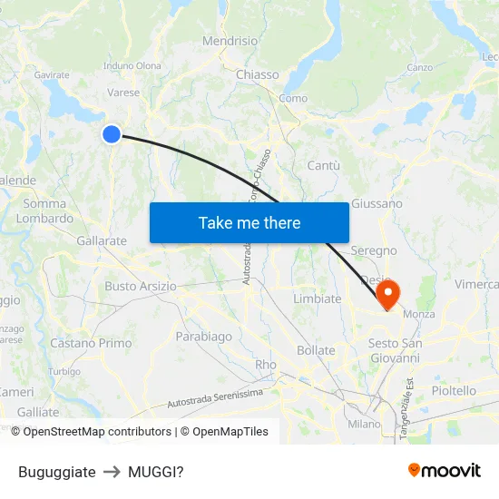 Buguggiate to Muggiò map