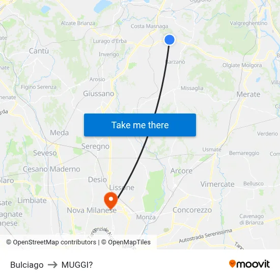 Bulciago to Muggiò map