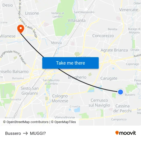 Bussero to Muggiò map