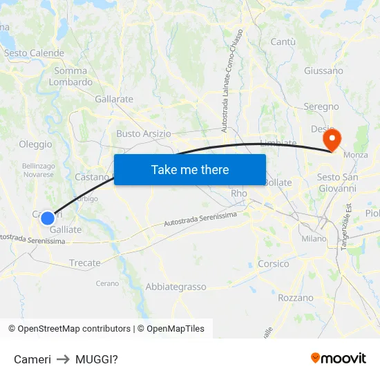 Cameri to Muggiò map
