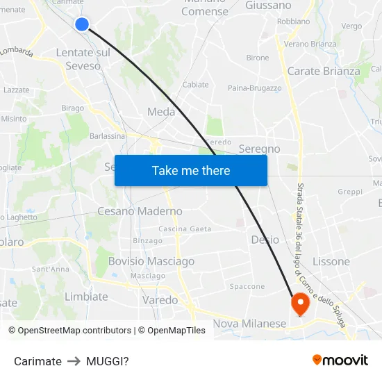 Carimate to Muggiò map