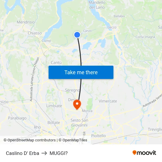 Caslino d'Erba to Muggiò map