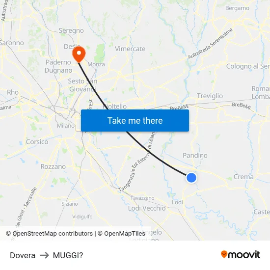 Dovera to Muggiò map