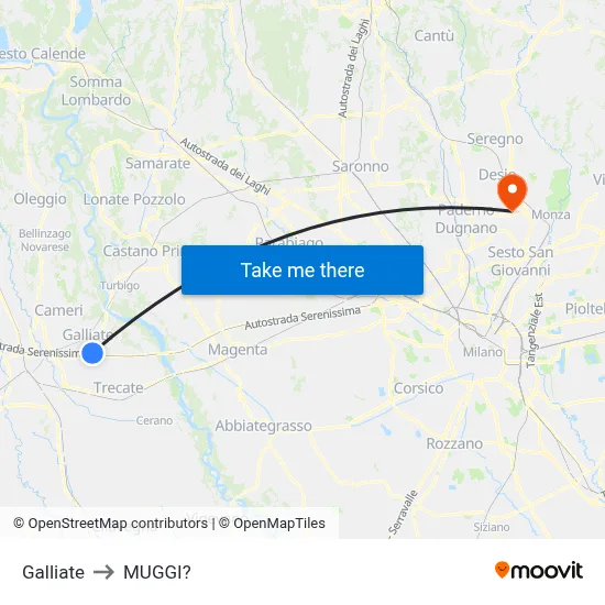 Galliate to Muggiò map