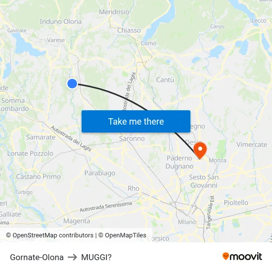 Gornate-Olona to Muggiò map