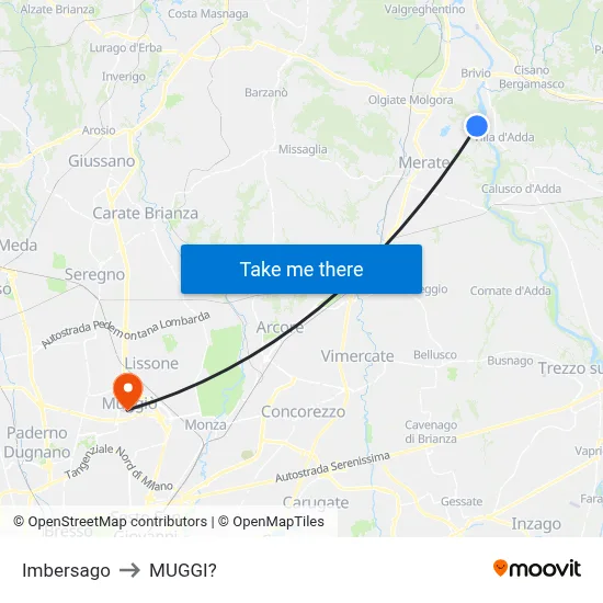 Imbersago to Muggiò map