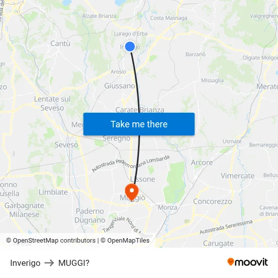 Inverigo to Muggiò map