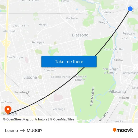 Lesmo to Muggiò map