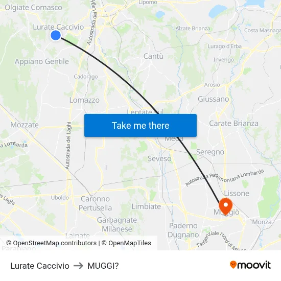 Lurate Caccivio to Muggiò map
