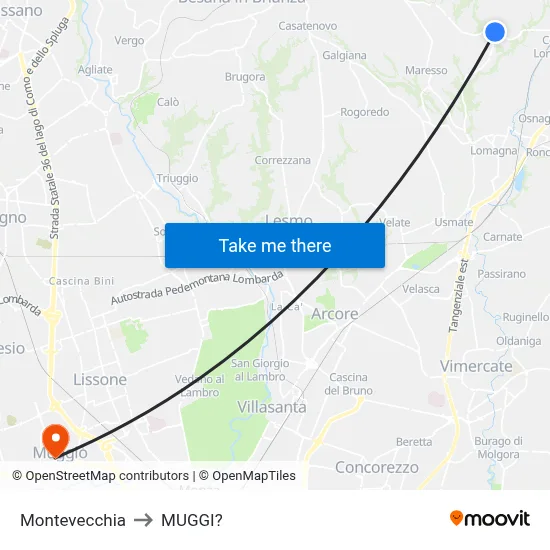 Montevecchia to Muggiò map