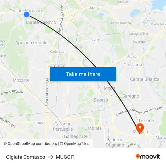 Olgiate Comasco to Muggiò map