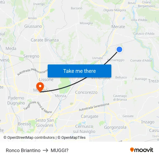 Ronco Briantino to Muggiò map