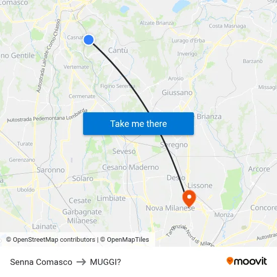Senna Comasco to Muggiò map