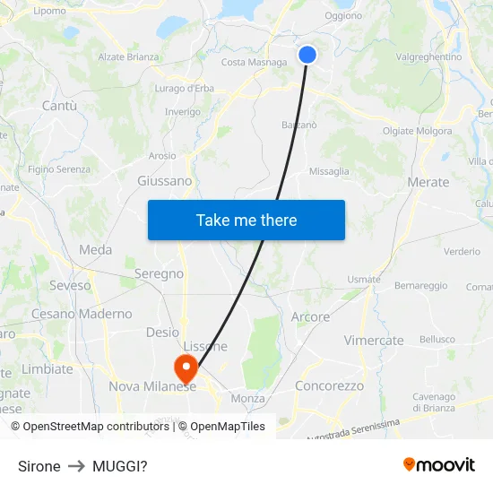 Sirone to Muggiò map